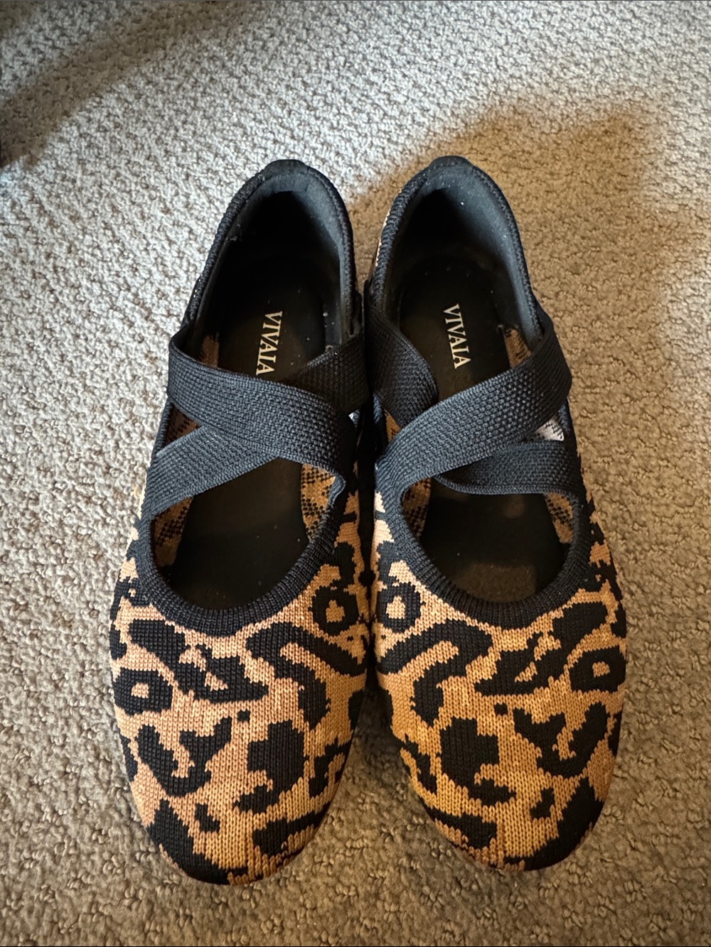 VIVAIA Women’s Black & Tan Leopard Knit Mary Jane Flats with Crisscross Straps
